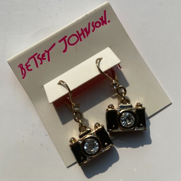 Betsey Johnson Royal Engagement Drop Earrings Gold Tone Rhinestone Black Enamel - Picture 11 of 13